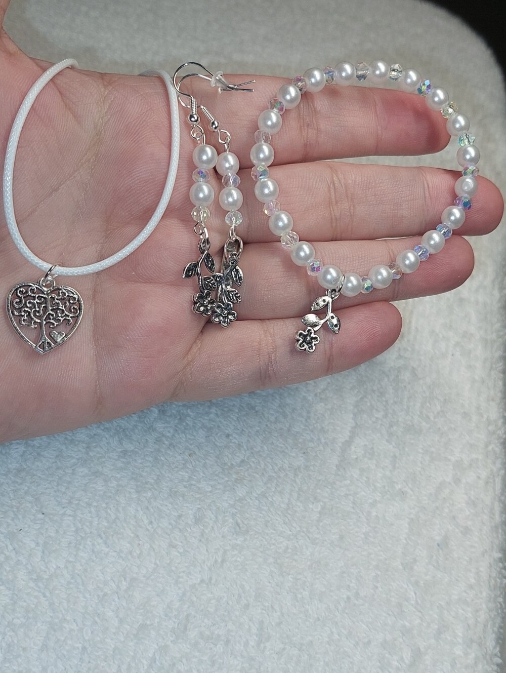 3pc Necklace Earrings Bracelet With AB Stones Heart Tree And Flower